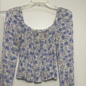 SO Blue and Pink Floral Square-Neck Long-Sleeve Top